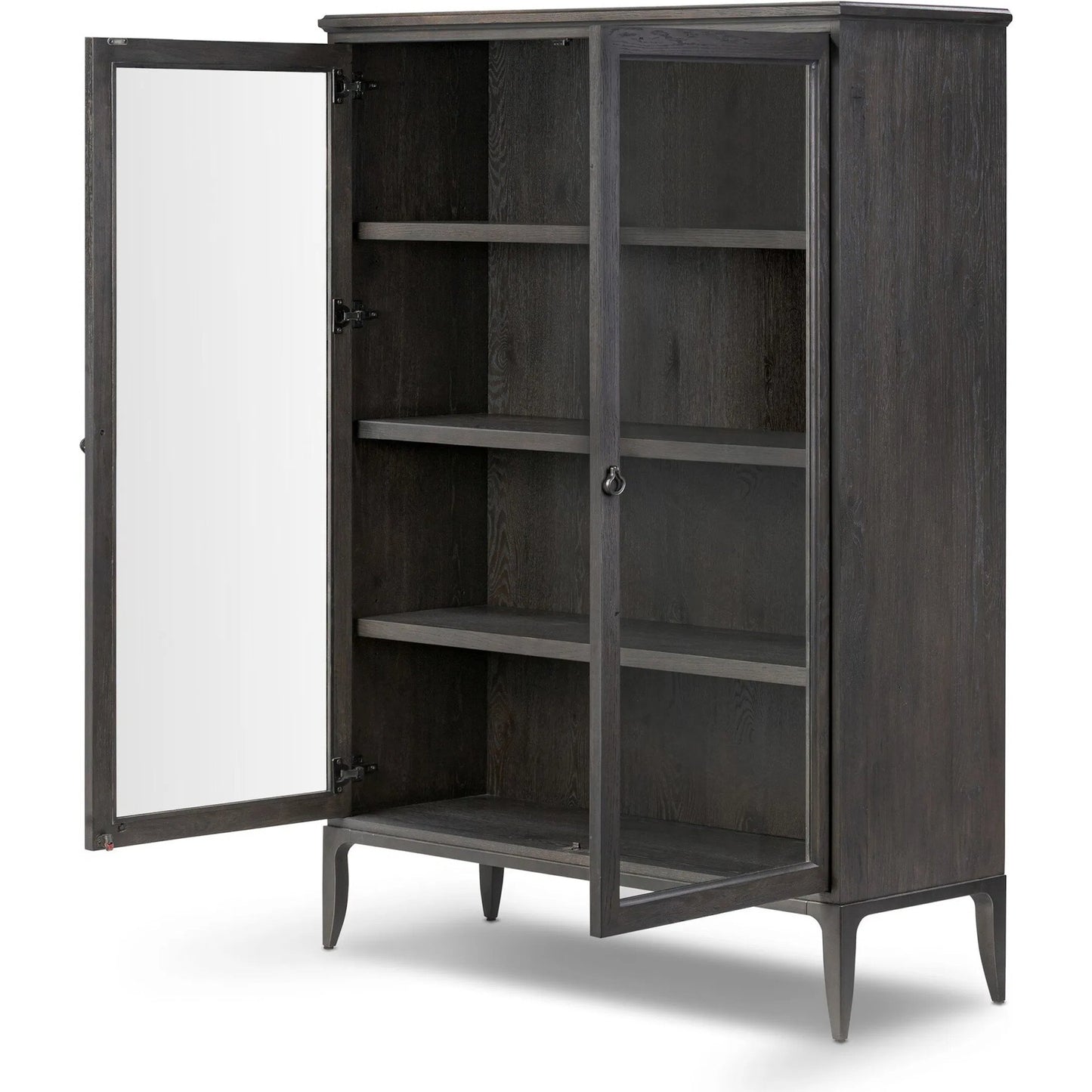 008 SI-2446494 | Closeup | Alden Cabinet by Four Hands in worn black oak veneer, mottled gunmetal. Made from thick oak veneer, solid oak, iron in a traditional style.