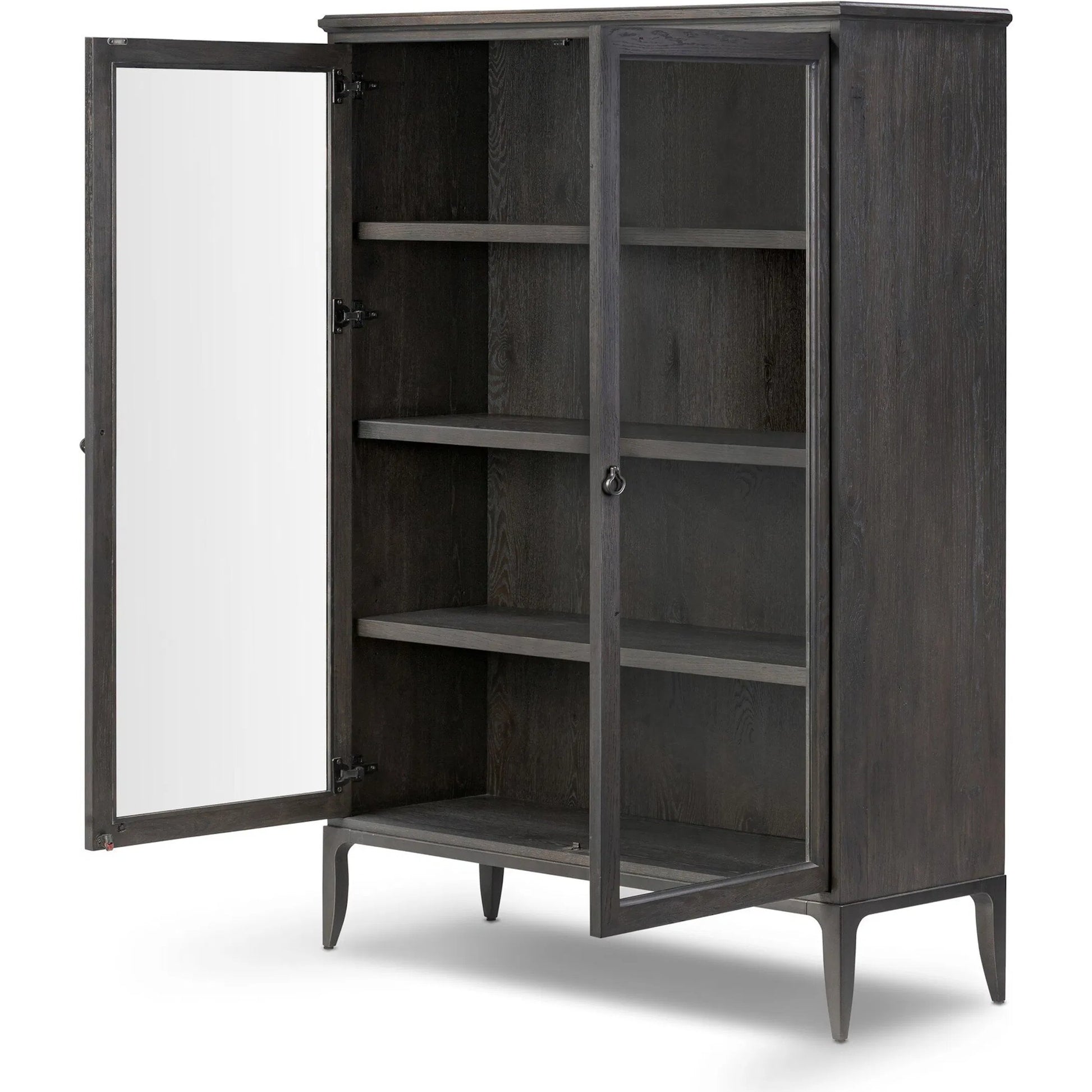 Alden Cabinet by Four Hands in worn black oak veneer, mottled gunmetal. Made from thick oak veneer, solid oak, iron in a traditional style.