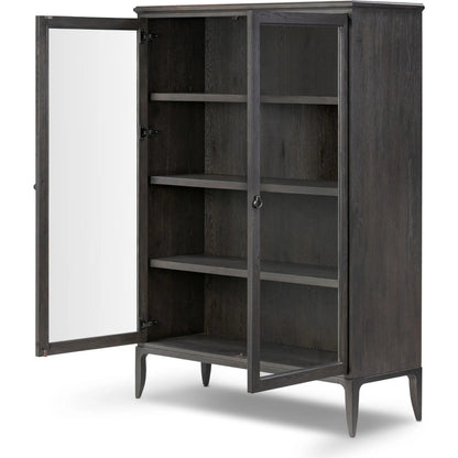 Alden Cabinet by Four Hands in worn black oak veneer, mottled gunmetal. Made from thick oak veneer, solid oak, iron in a traditional style.
