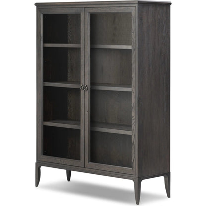 Alden Cabinet by Four Hands in worn black oak veneer, mottled gunmetal. Made from thick oak veneer, solid oak, iron in a traditional style.