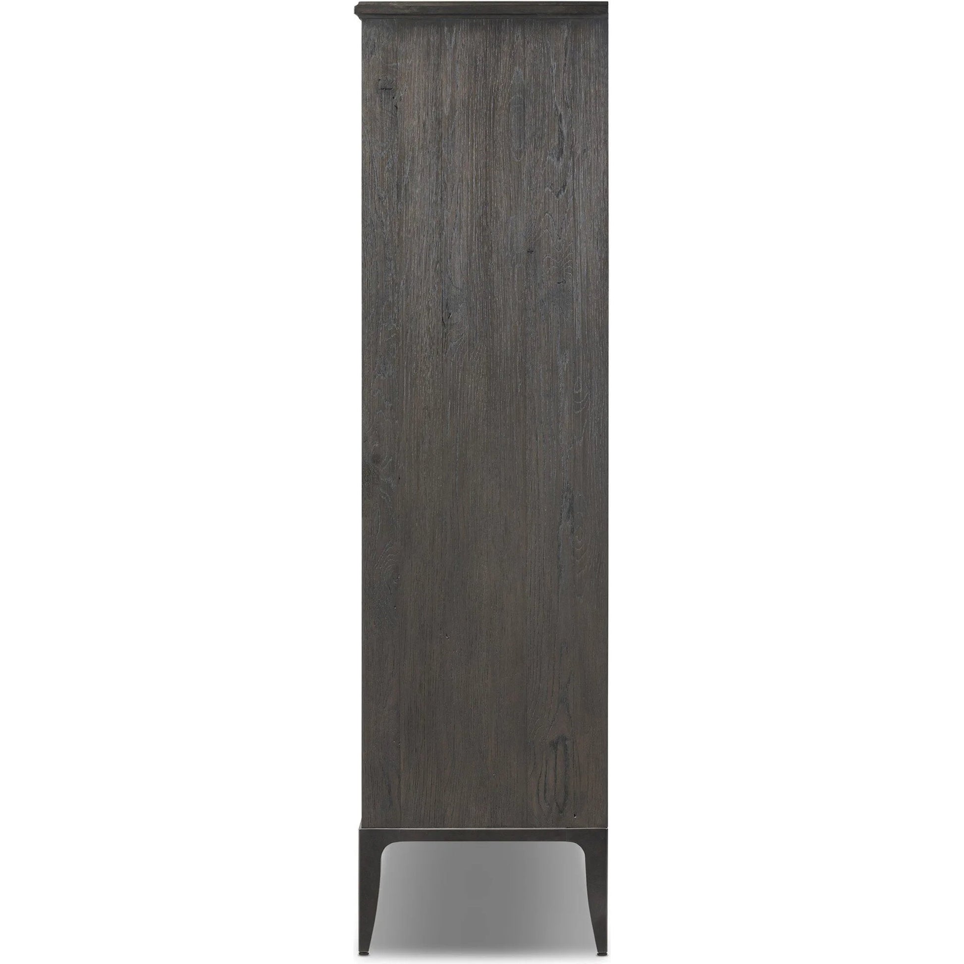 Alden Cabinet by Four Hands in worn black oak veneer, mottled gunmetal. Made from thick oak veneer, solid oak, iron in a traditional style.