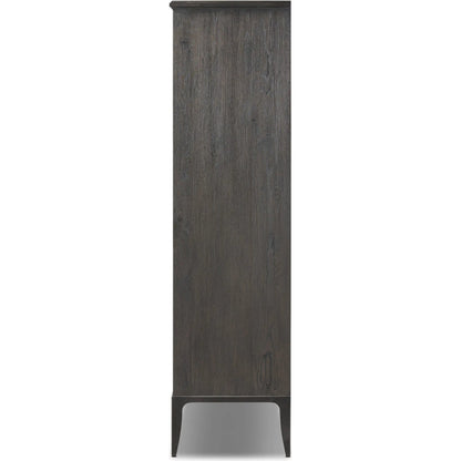 Alden Cabinet by Four Hands in worn black oak veneer, mottled gunmetal. Made from thick oak veneer, solid oak, iron in a traditional style.