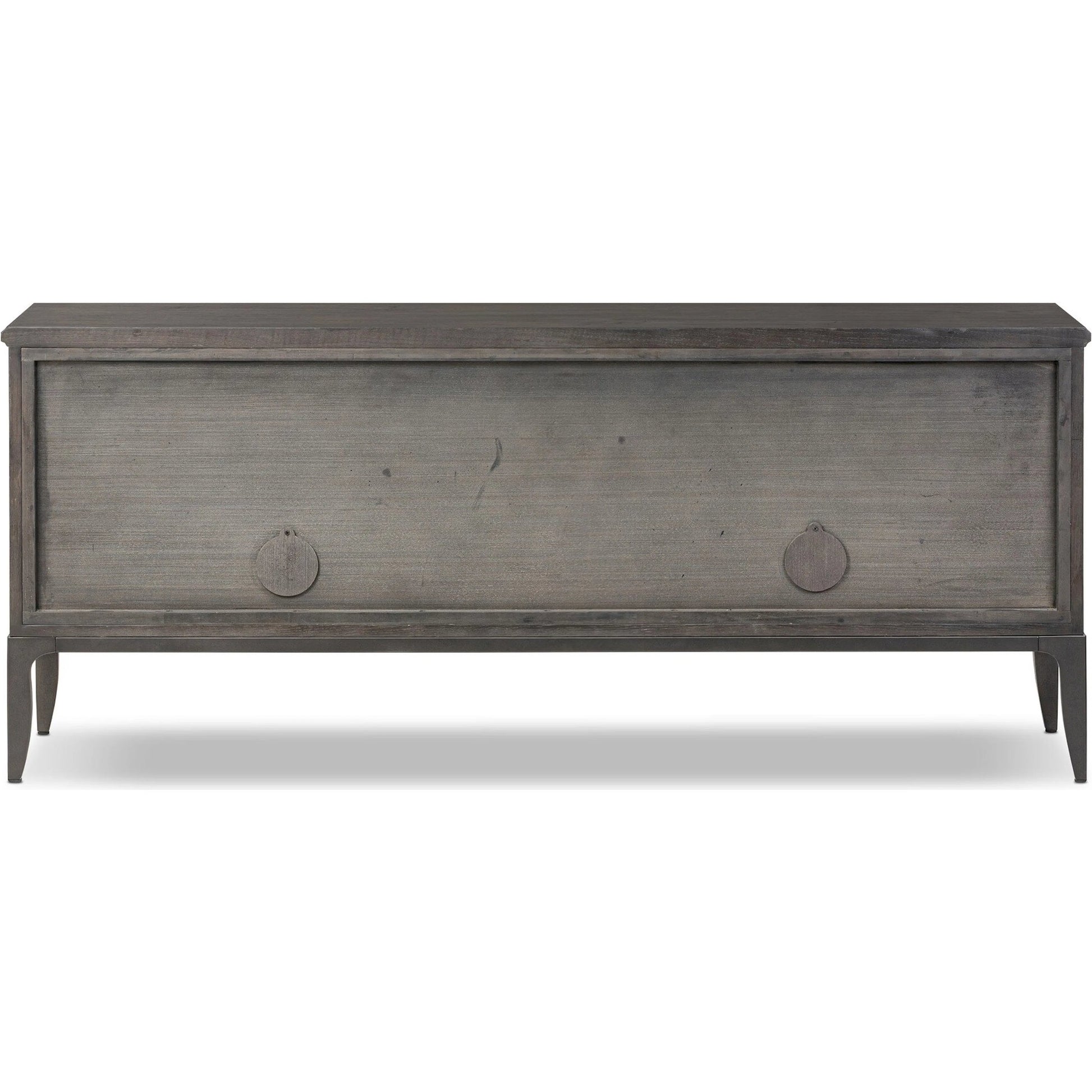 Alden Media Console by Four Hands in worn black oak veneer, mottled gunmetal. Made from thick oak veneer, solid oak, iron in a traditional style.