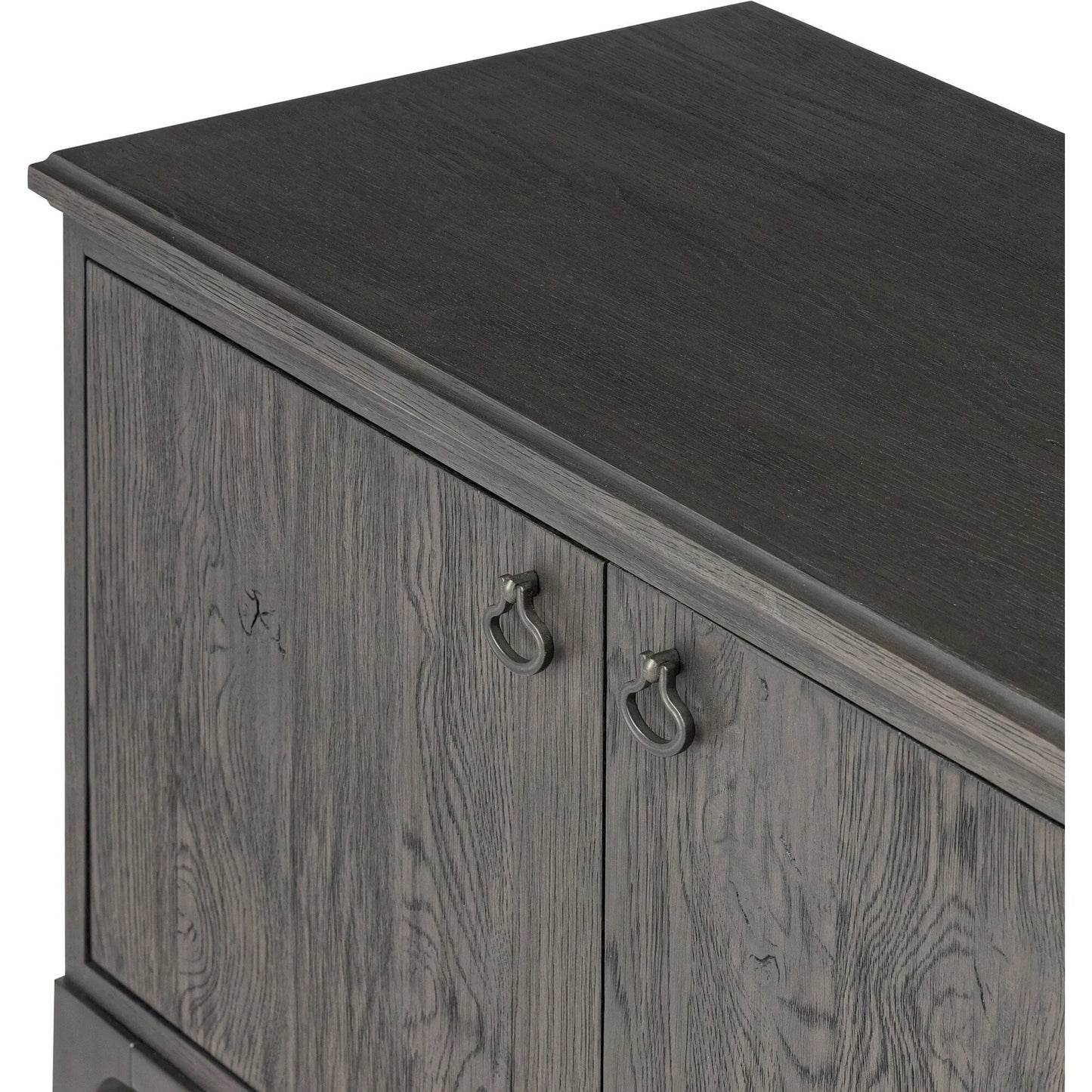 007 SI-2446495 | Closeup | Alden Media Console by Four Hands in worn black oak veneer, mottled gunmetal. Made from thick oak veneer, solid oak, iron in a traditional style.