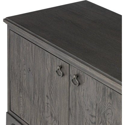 Alden Media Console by Four Hands in worn black oak veneer, mottled gunmetal. Made from thick oak veneer, solid oak, iron in a traditional style.