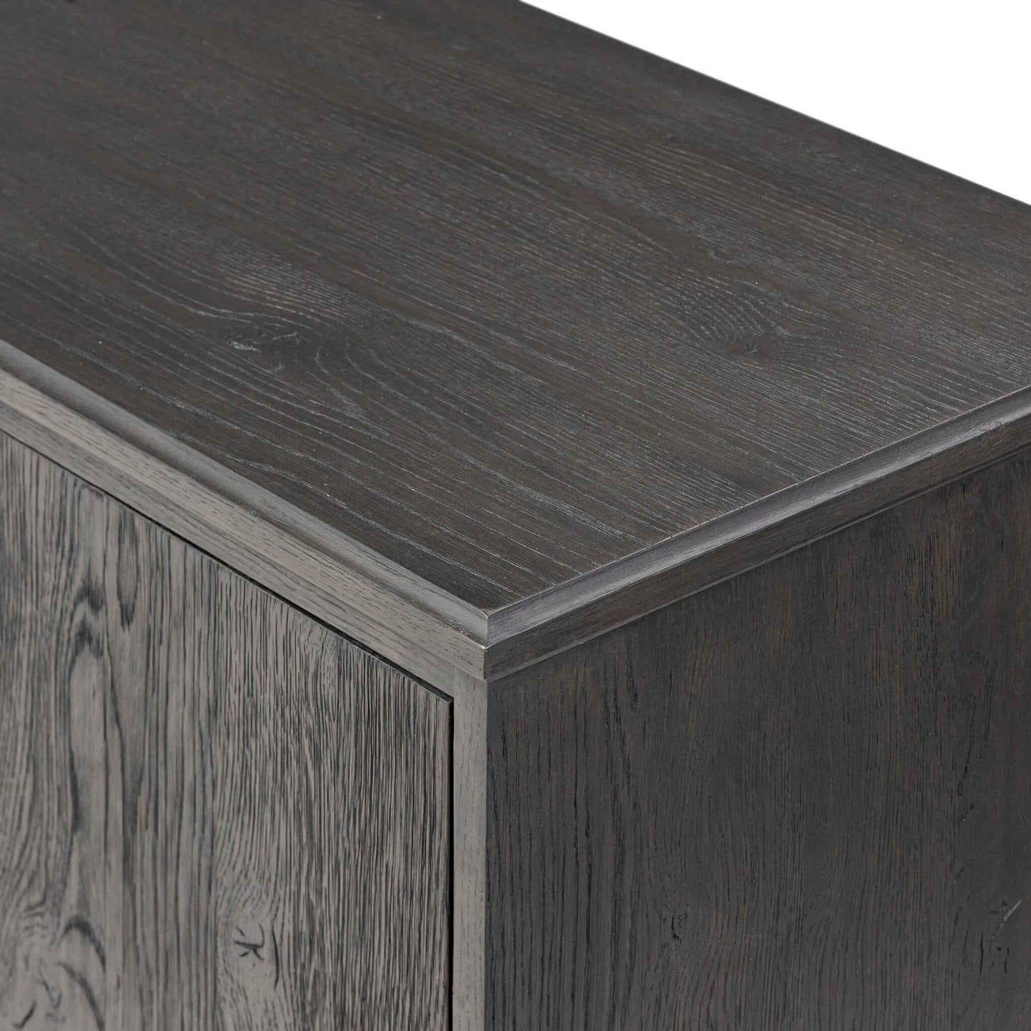 008 SI-2446495 | Closeup | Alden Media Console by Four Hands in worn black oak veneer, mottled gunmetal. Made from thick oak veneer, solid oak, iron in a traditional style.