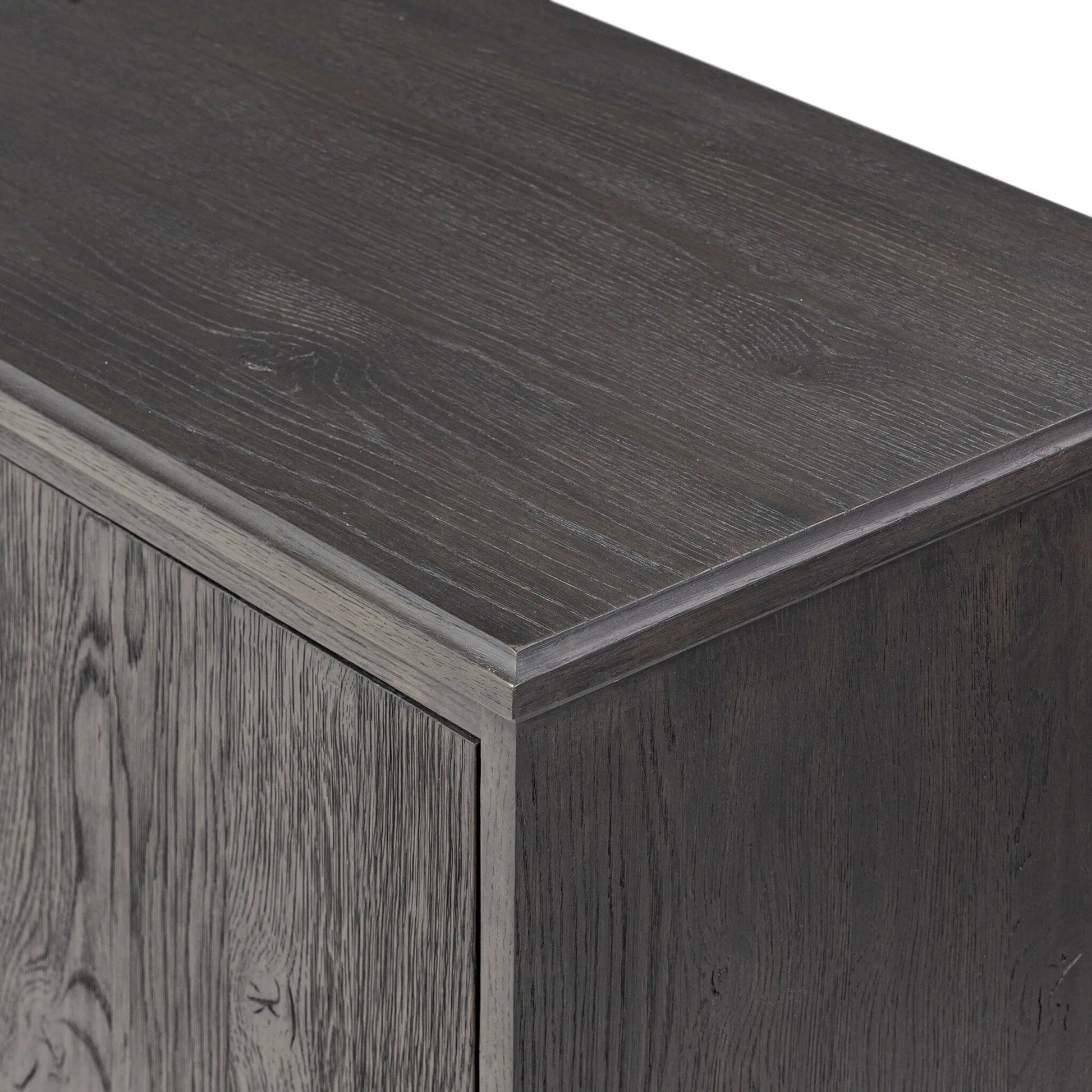 Alden Media Console by Four Hands in worn black oak veneer, mottled gunmetal. Made from thick oak veneer, solid oak, iron in a traditional style.