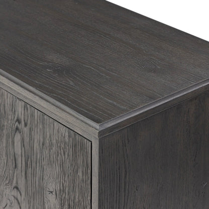 Alden Media Console by Four Hands in worn black oak veneer, mottled gunmetal. Made from thick oak veneer, solid oak, iron in a traditional style.