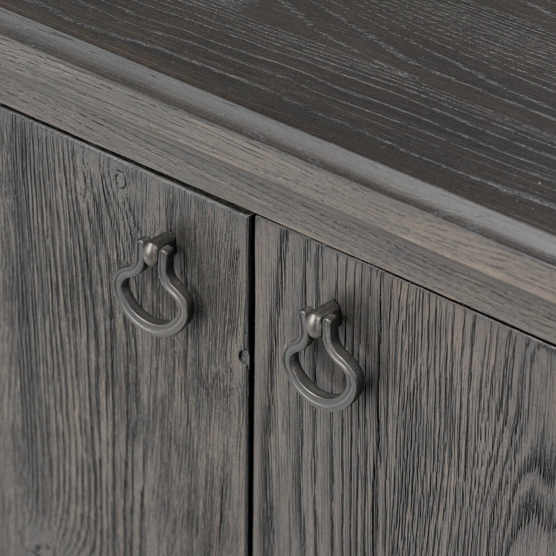 Alden Media Console by Four Hands in worn black oak veneer, mottled gunmetal. Made from thick oak veneer, solid oak, iron in a traditional style.