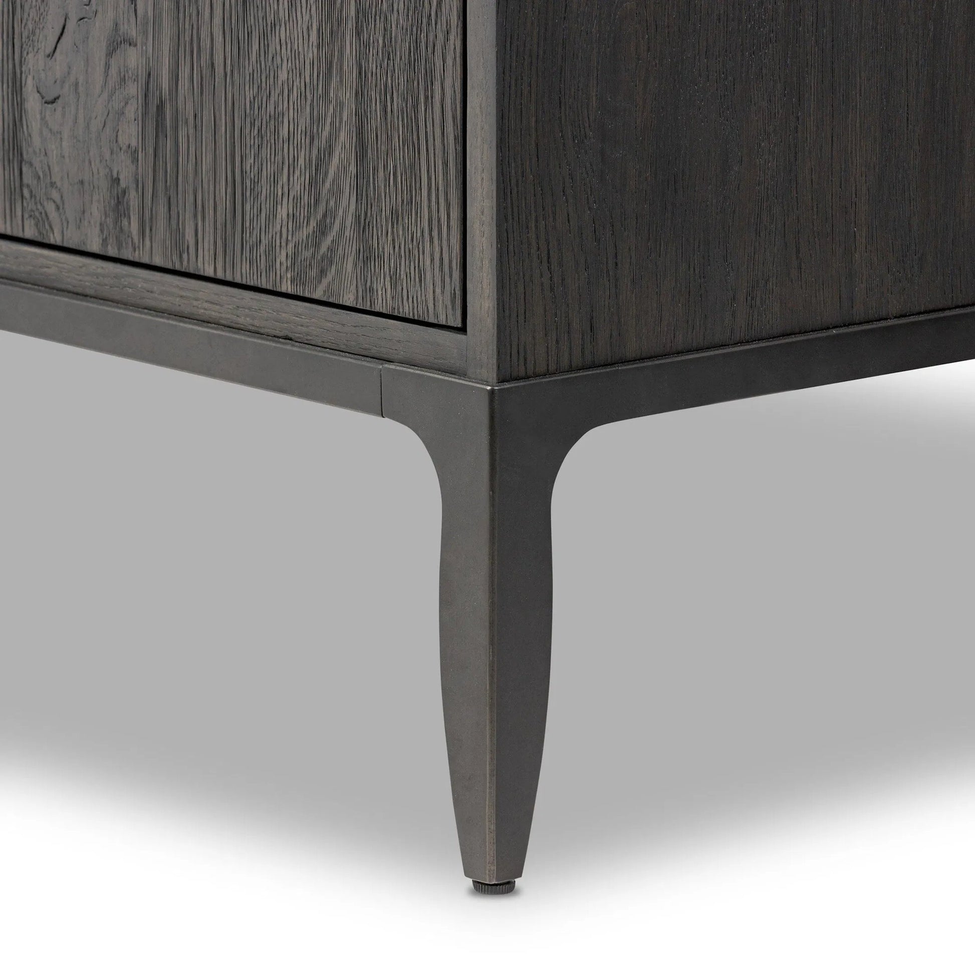 Alden Media Console by Four Hands in worn black oak veneer, mottled gunmetal. Made from thick oak veneer, solid oak, iron in a traditional style.