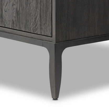 Alden Media Console by Four Hands in worn black oak veneer, mottled gunmetal. Made from thick oak veneer, solid oak, iron in a traditional style.