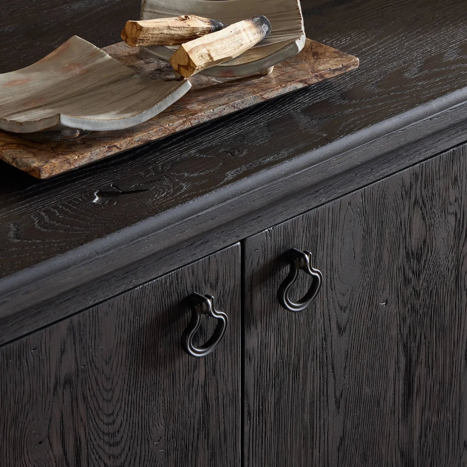 Alden Media Console by Four Hands in worn black oak veneer, mottled gunmetal. Made from thick oak veneer, solid oak, iron in a traditional style.