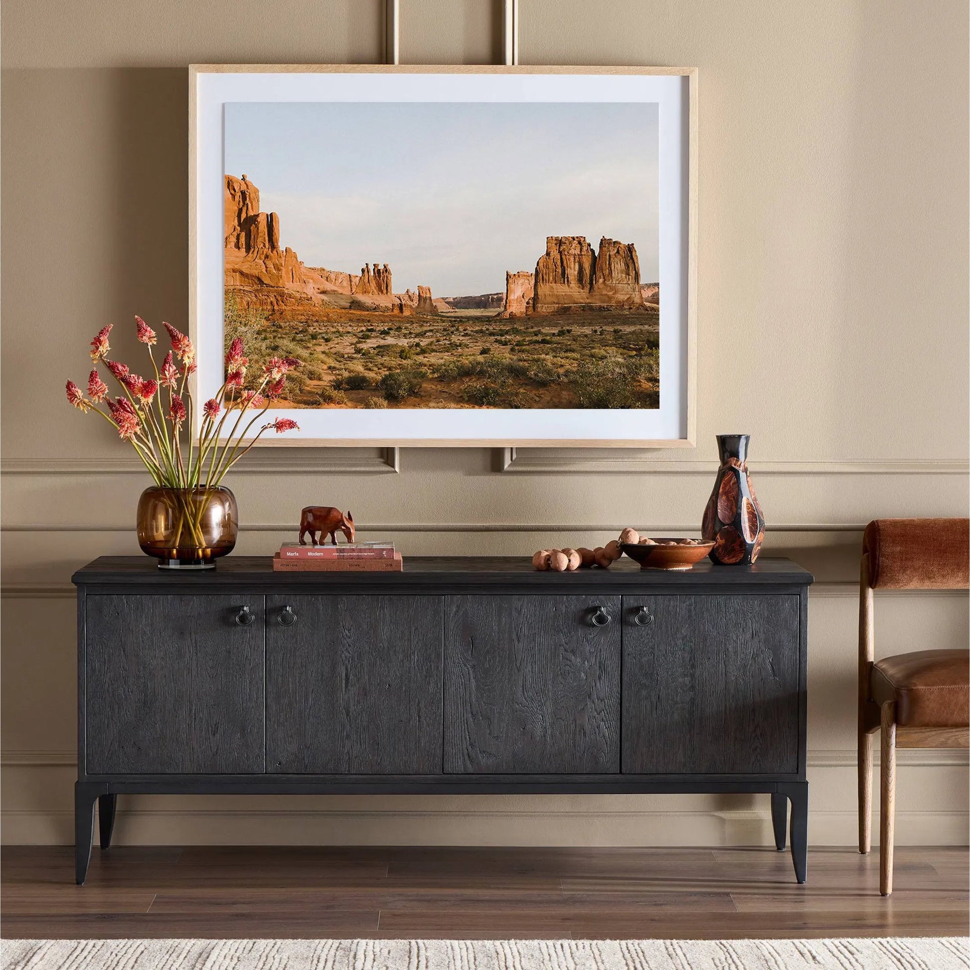 Alden Media Console by Four Hands in worn black oak veneer, mottled gunmetal. Made from thick oak veneer, solid oak, iron in a traditional style.