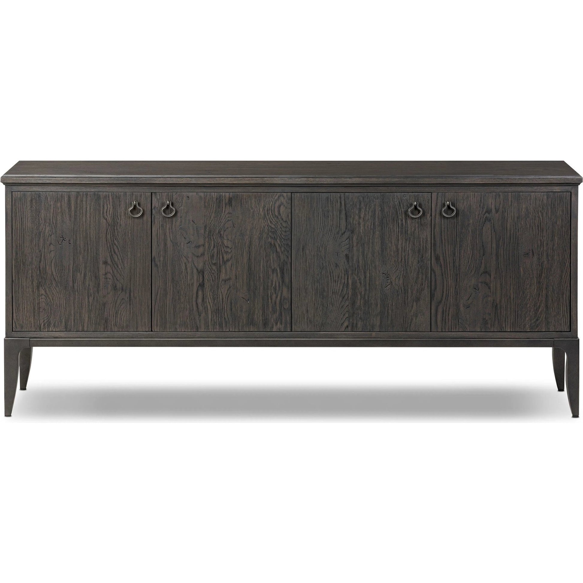 Alden Media Console by Four Hands in worn black oak veneer, mottled gunmetal. Made from thick oak veneer, solid oak, iron in a traditional style.