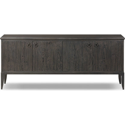 Alden Media Console by Four Hands in worn black oak veneer, mottled gunmetal. Made from thick oak veneer, solid oak, iron in a traditional style.