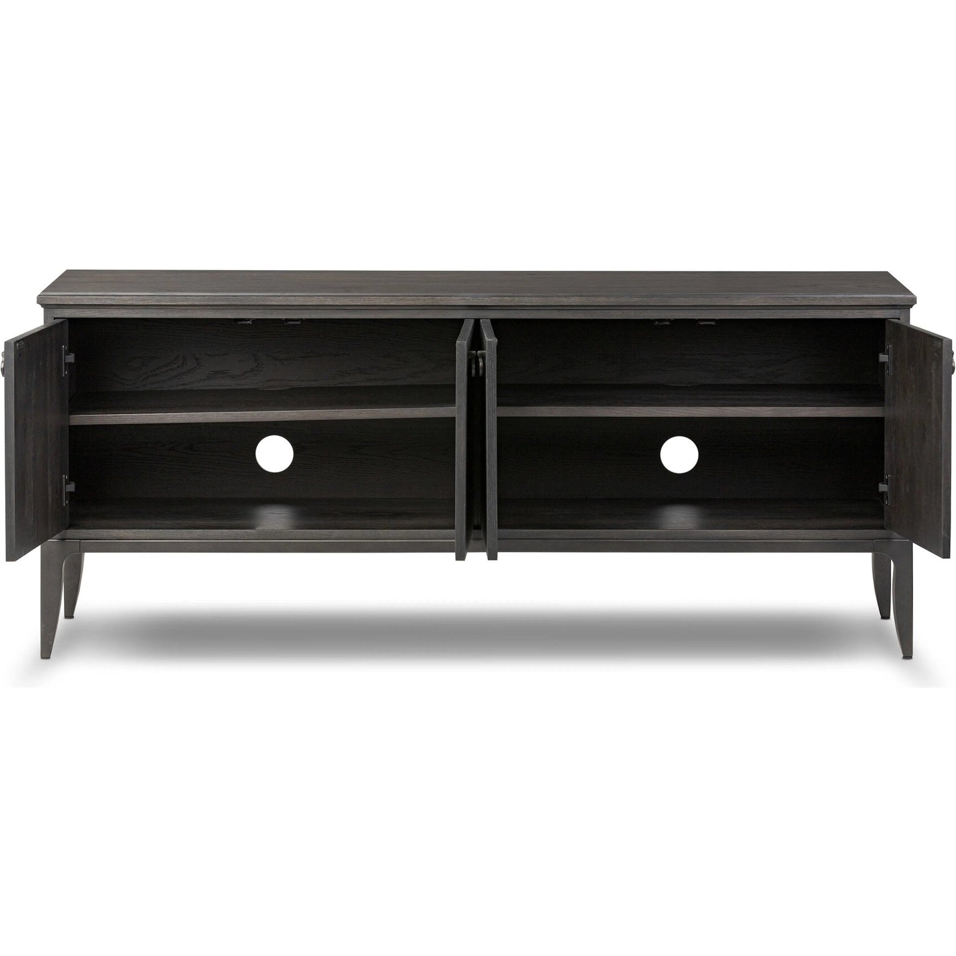 Alden Media Console by Four Hands in worn black oak veneer, mottled gunmetal. Made from thick oak veneer, solid oak, iron in a traditional style.
