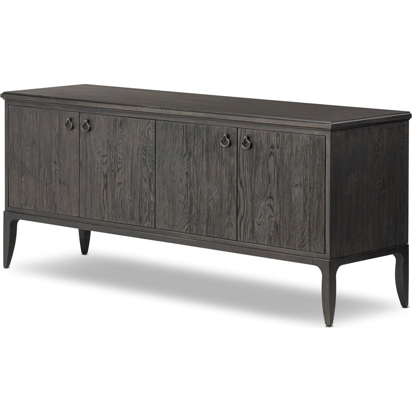 001 SI-2446495 | Primary Silo | Alden Media Console by Four Hands in worn black oak veneer, mottled gunmetal. Made from thick oak veneer, solid oak, iron in a traditional style.
