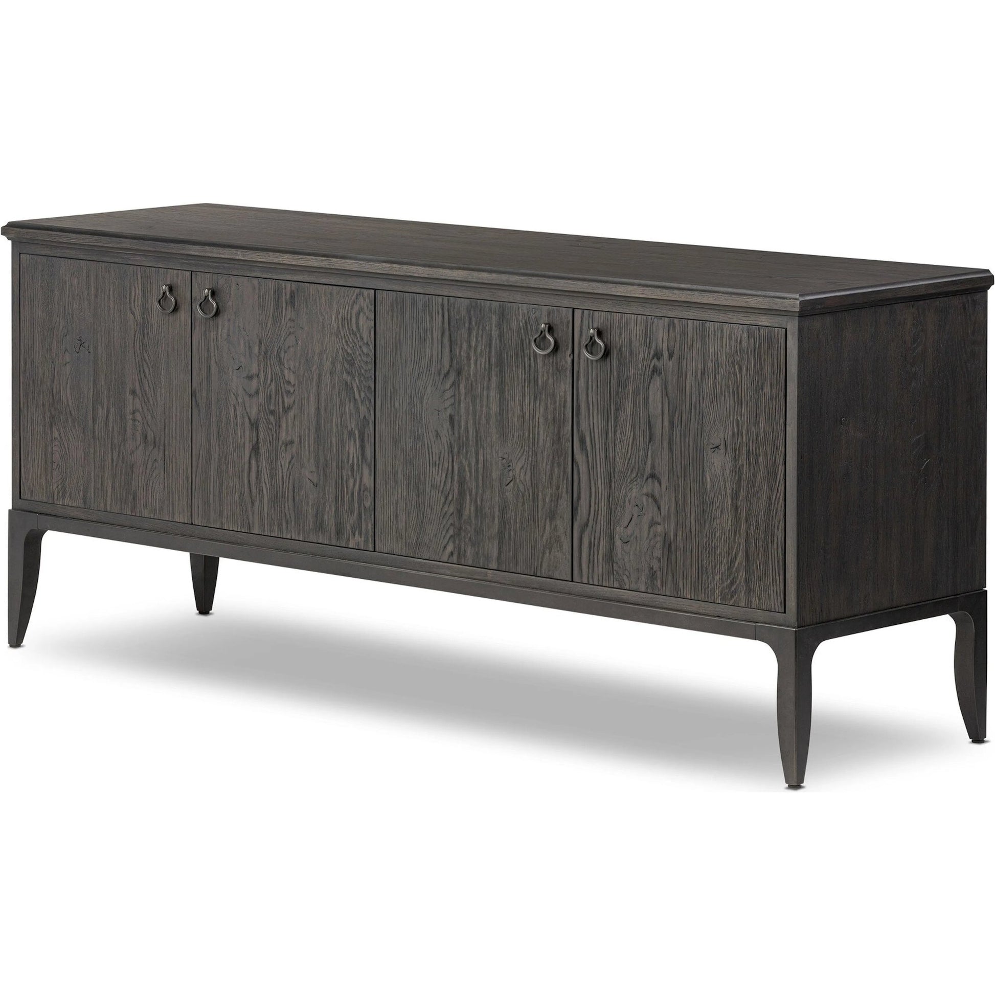 Alden Media Console by Four Hands in worn black oak veneer, mottled gunmetal. Made from thick oak veneer, solid oak, iron in a traditional style.