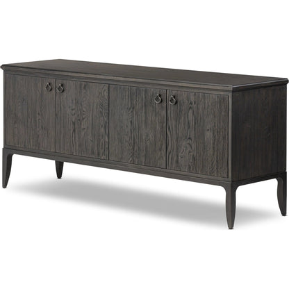 Alden Media Console by Four Hands in worn black oak veneer, mottled gunmetal. Made from thick oak veneer, solid oak, iron in a traditional style.
