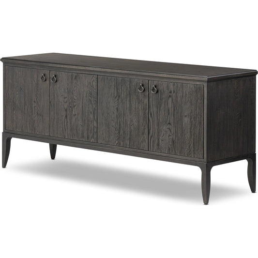 Alden Media Console by Four Hands in worn black oak veneer, mottled gunmetal. Made from thick oak veneer, solid oak, iron in a unique style.