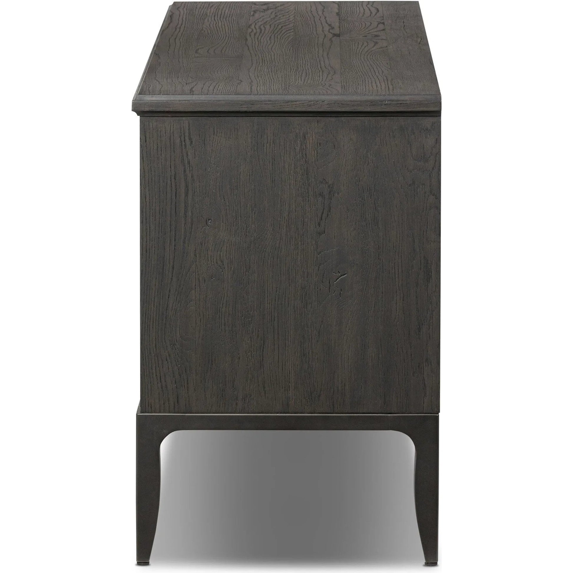 Alden Media Console by Four Hands in worn black oak veneer, mottled gunmetal. Made from thick oak veneer, solid oak, iron in a traditional style.