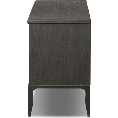 Alden Media Console by Four Hands in worn black oak veneer, mottled gunmetal. Made from thick oak veneer, solid oak, iron in a traditional style.