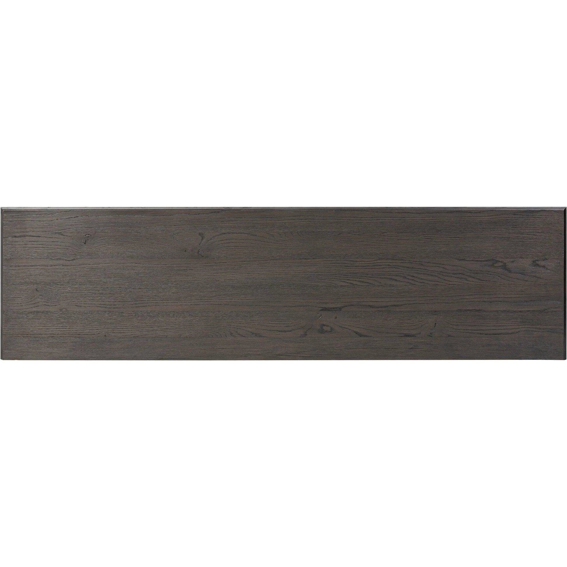 Alden Media Console by Four Hands in worn black oak veneer, mottled gunmetal. Made from thick oak veneer, solid oak, iron in a traditional style.