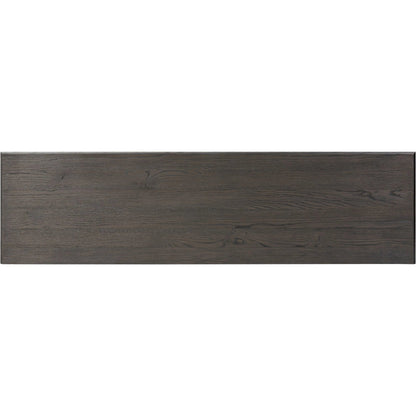Alden Media Console by Four Hands in worn black oak veneer, mottled gunmetal. Made from thick oak veneer, solid oak, iron in a traditional style.