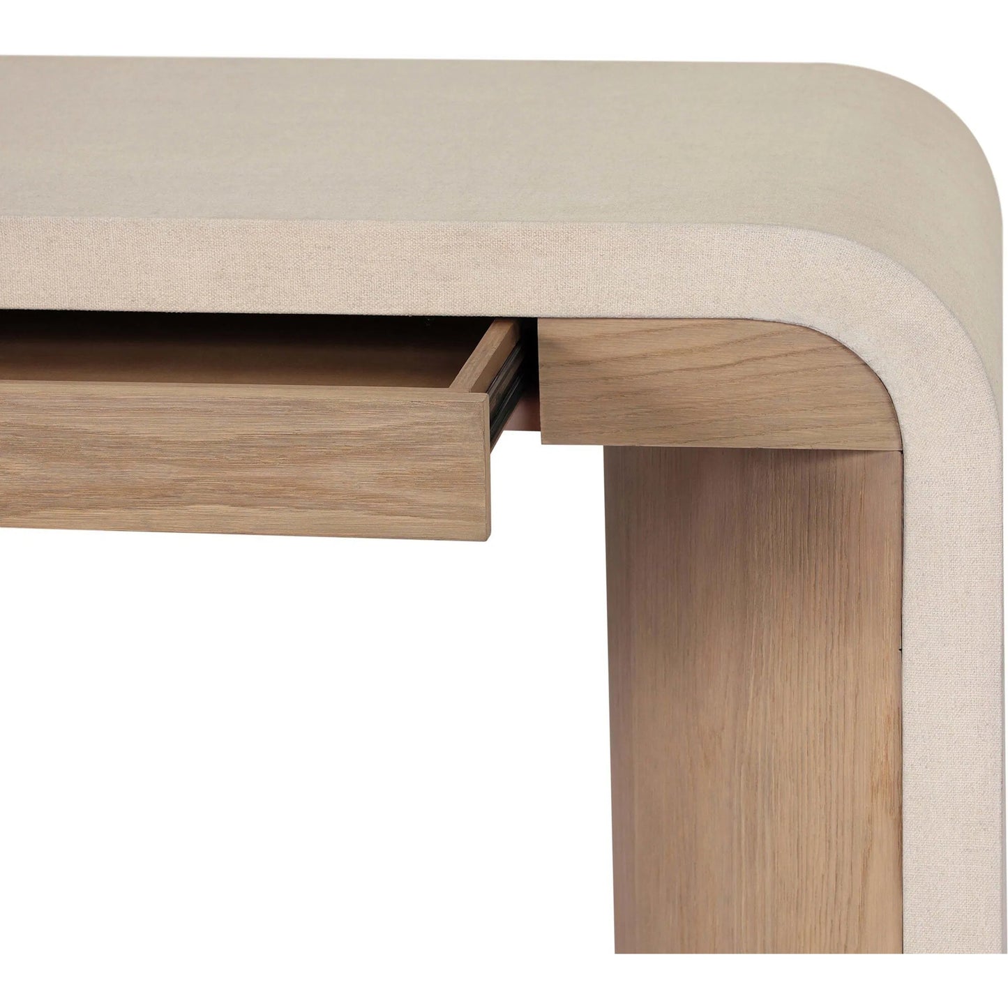 004 SI-2446584 | Closeup | Jane Desk by Four Hands in sandy oak veneer, beige painted linen. Made from oak veneer, painted linen in a transitional style.