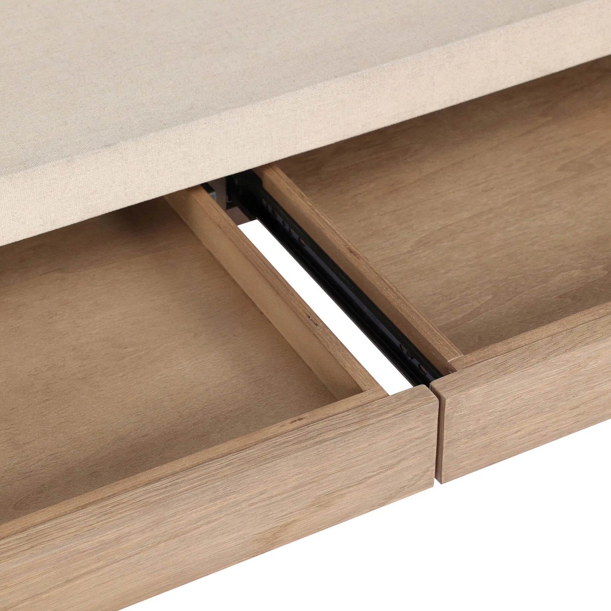 Jane Desk by Four Hands in sandy oak veneer, beige painted linen. Made from oak veneer, painted linen in a transitional style.