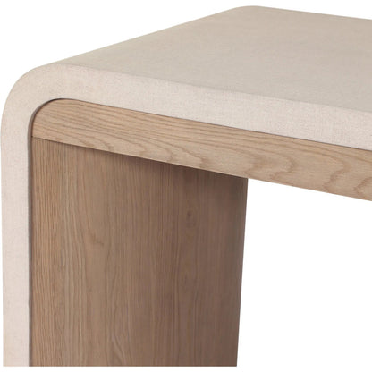 Jane Desk by Four Hands in sandy oak veneer, beige painted linen. Made from oak veneer, painted linen in a transitional style.