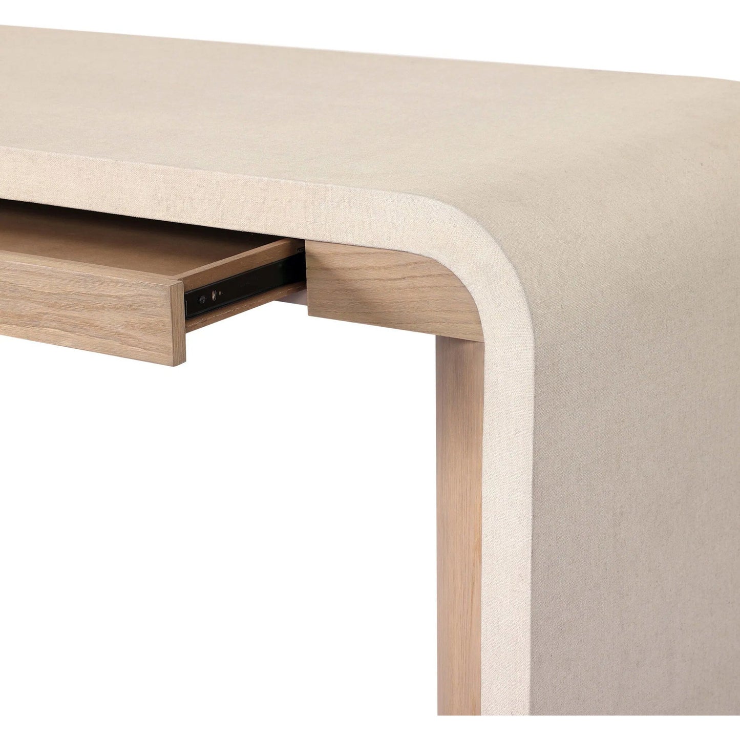 012 SI-2446584 | Closeup | Jane Desk by Four Hands in sandy oak veneer, beige painted linen. Made from oak veneer, painted linen in a transitional style.