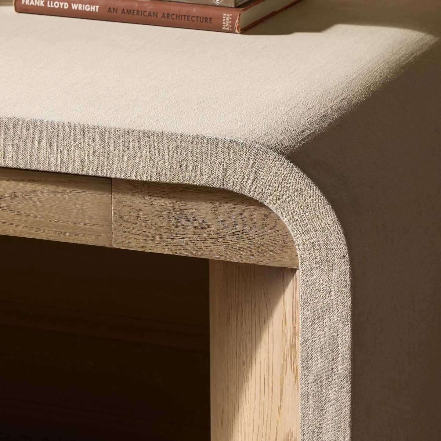 013 SI-2446584 | Closeup | Jane Desk by Four Hands in sandy oak veneer, beige painted linen. Made from oak veneer, painted linen in a transitional style.