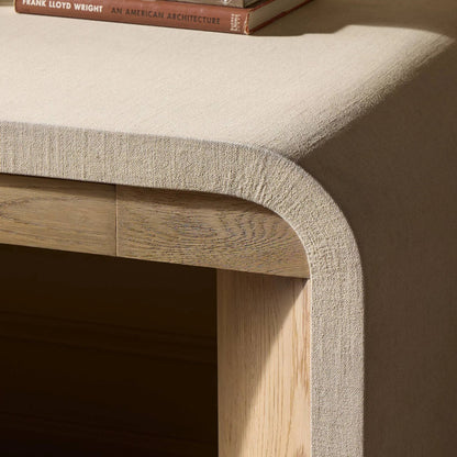 Jane Desk by Four Hands in sandy oak veneer, beige painted linen. Made from oak veneer, painted linen in a transitional style.