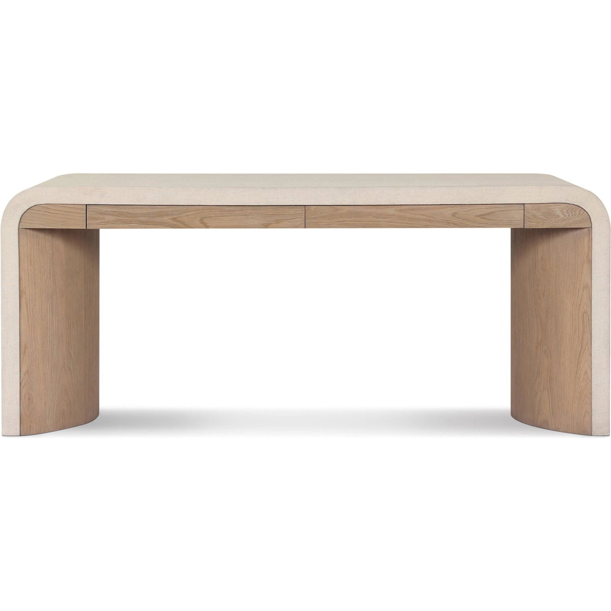 Jane Desk by Four Hands in sandy oak veneer, beige painted linen. Made from oak veneer, painted linen in a transitional style.