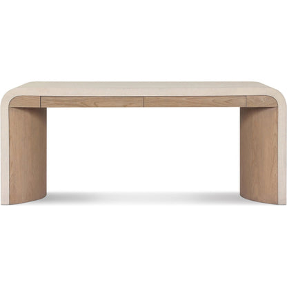 Jane Desk by Four Hands in sandy oak veneer, beige painted linen. Made from oak veneer, painted linen in a transitional style.