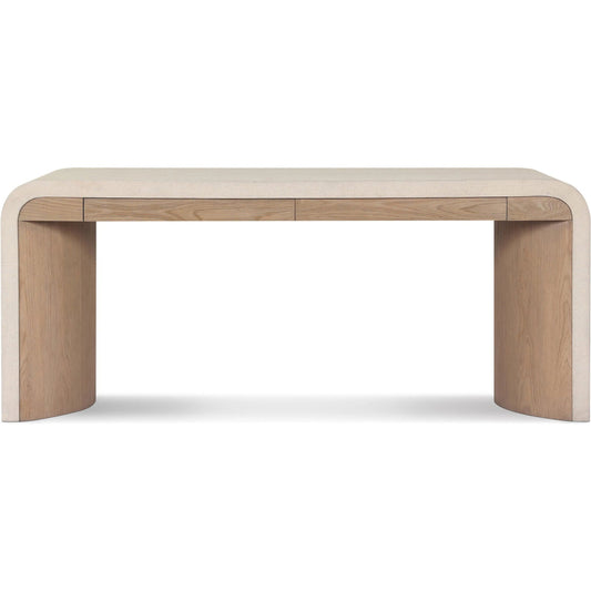 Jane Desk by Four Hands in sandy oak veneer, beige painted linen. Made from oak veneer, painted linen in a unique style.