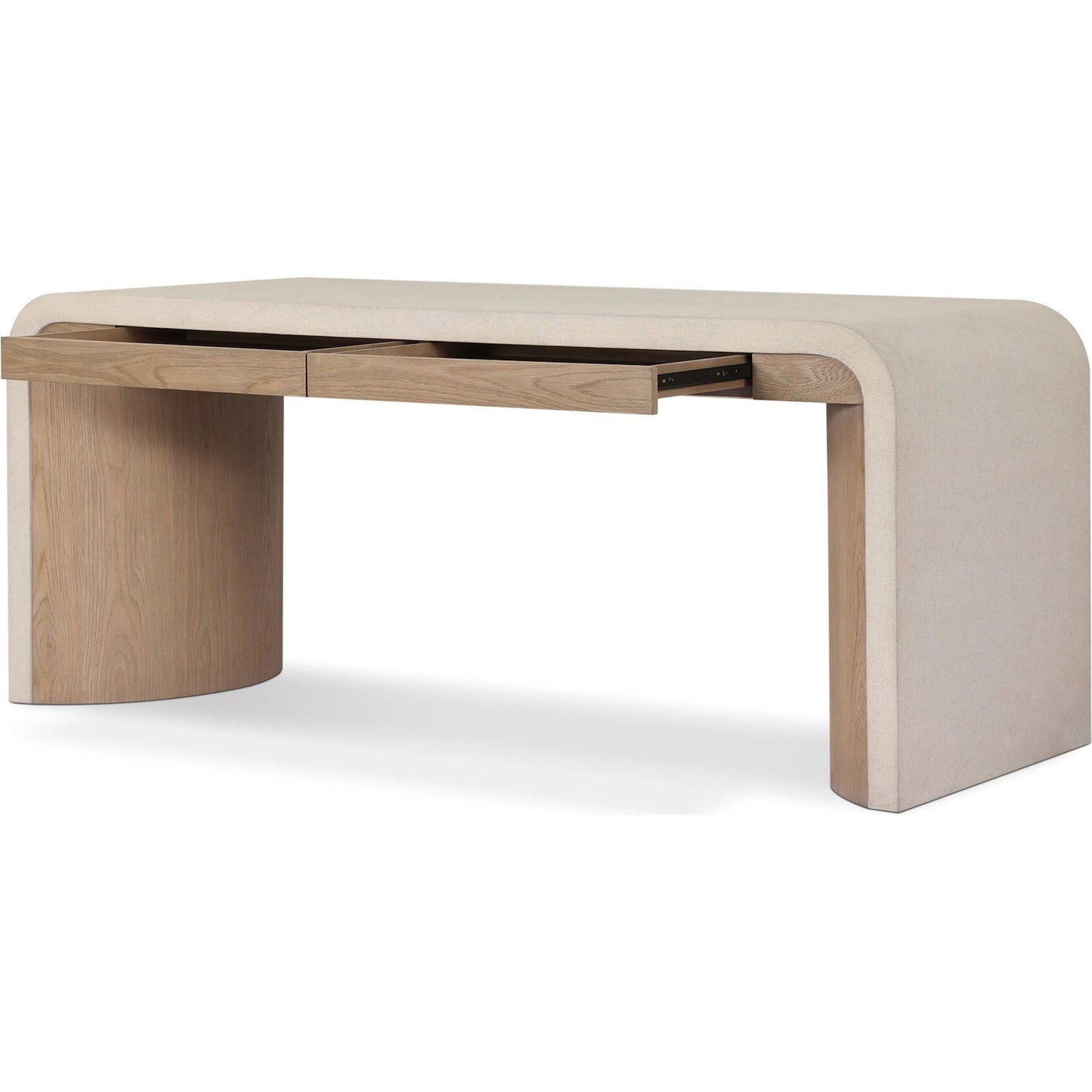 007 SI-2446584 | Closeup | Jane Desk by Four Hands in sandy oak veneer, beige painted linen. Made from oak veneer, painted linen in a transitional style.