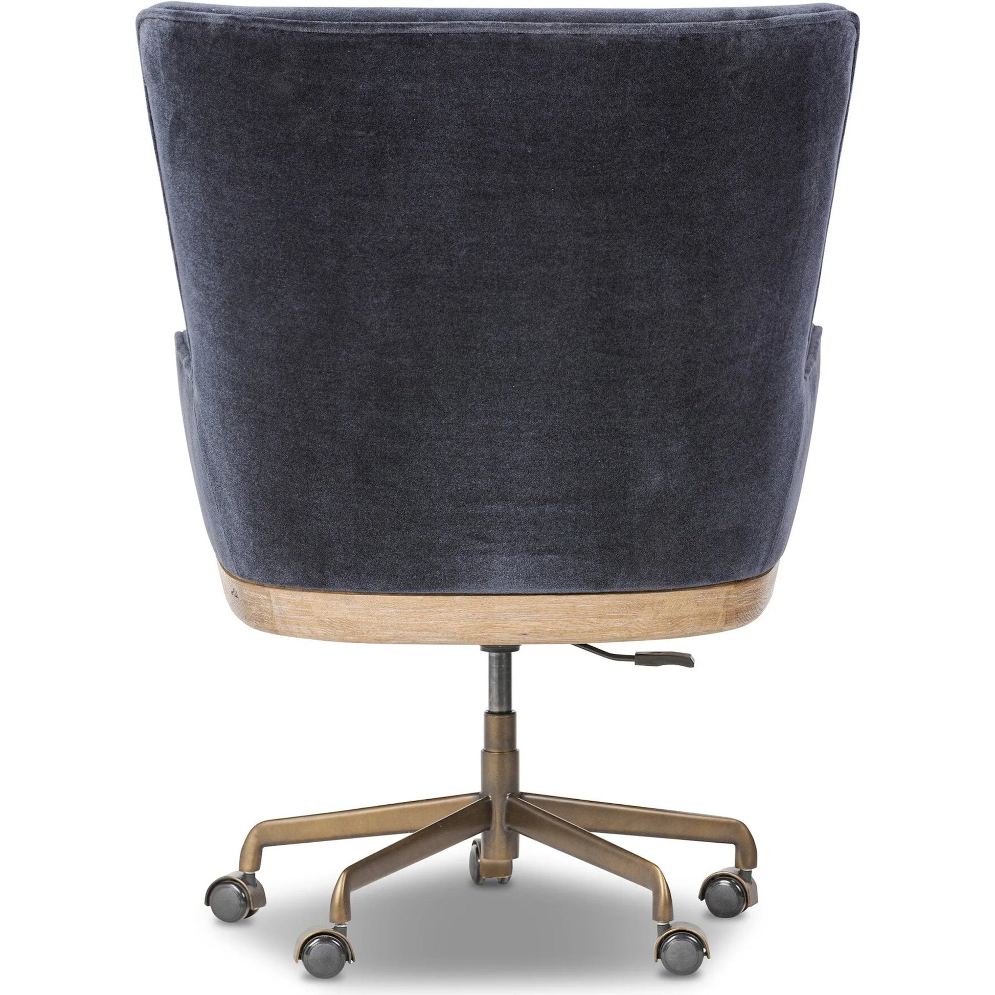 Bernardo Desk Chair by Four Hands in monte navy, brushed brass, weathered oak. Made from 50% viscose, 50% wool, iron, solid oak in a modern style.