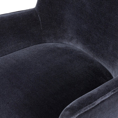 Bernardo Desk Chair by Four Hands in monte navy, brushed brass, weathered oak. Made from 50% viscose, 50% wool, iron, solid oak in a modern style.