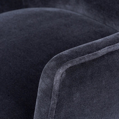Bernardo Desk Chair by Four Hands in monte navy, brushed brass, weathered oak. Made from 50% viscose, 50% wool, iron, solid oak in a modern style.
