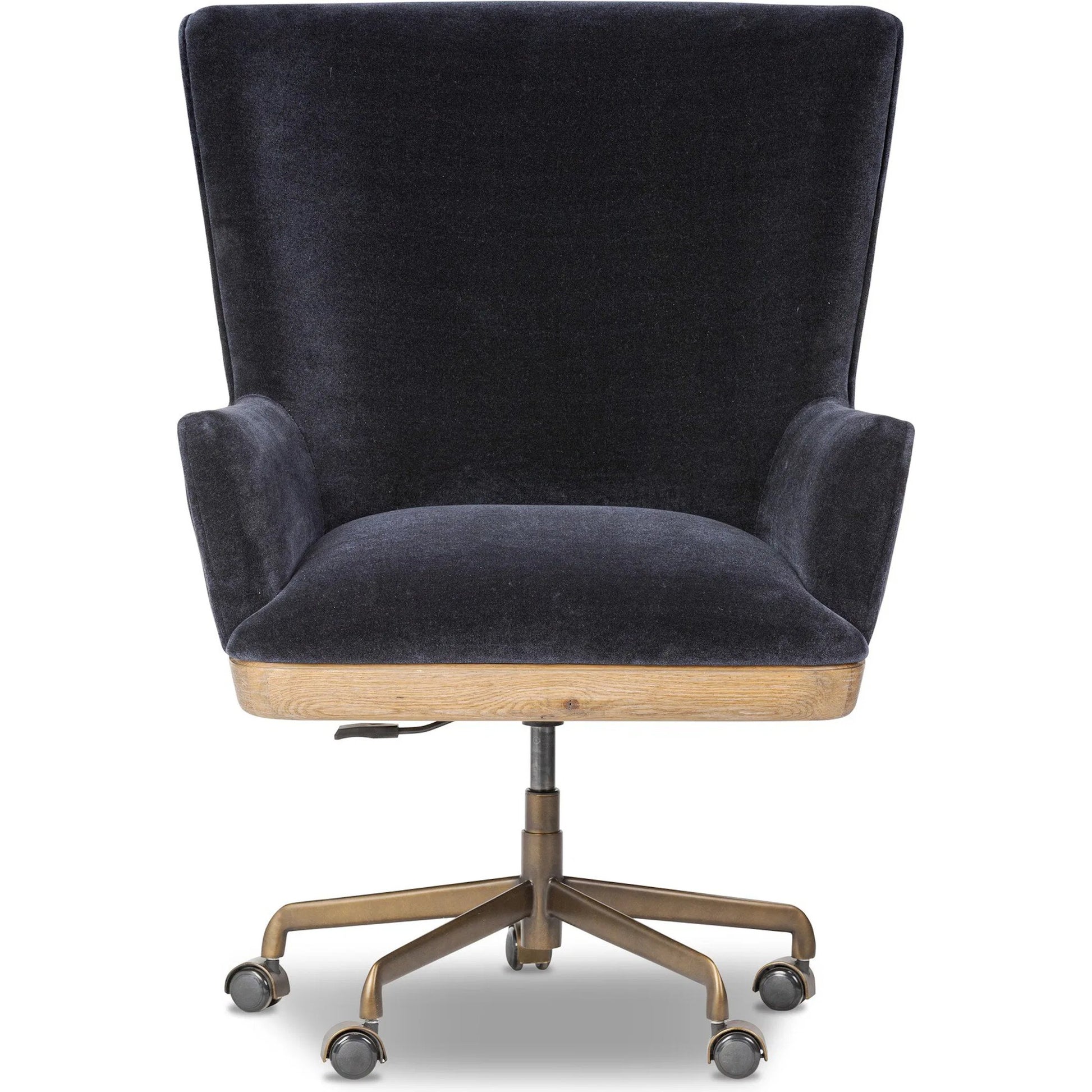 Bernardo Desk Chair by Four Hands in monte navy, brushed brass, weathered oak. Made from 50% viscose, 50% wool, iron, solid oak in a modern style.