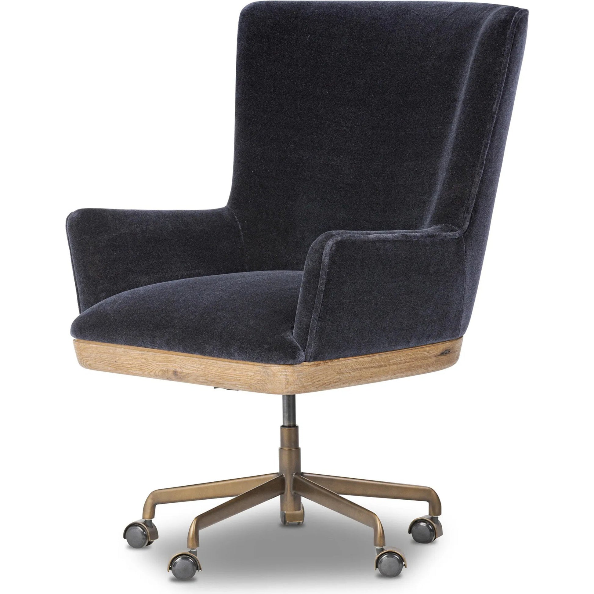 Bernardo Desk Chair by Four Hands in monte navy, brushed brass, weathered oak. Made from 50% viscose, 50% wool, iron, solid oak in a modern style.