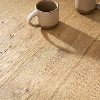Barto Dining Table by Four Hands in aged smoked oak veneer. Made from thick oak veneer, solid oak in a transitional style.