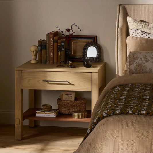 Blake Nightstand by Four Hands in washed ash, brown regenerated leather. Made from solid ash, faux leather in a unique style.