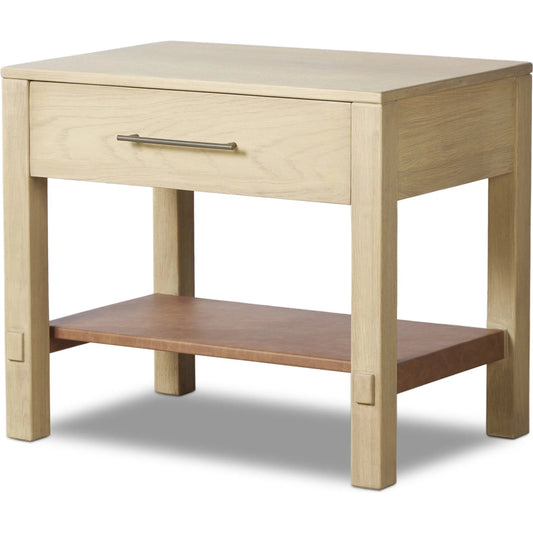 Blake Nightstand by Four Hands in washed ash, brown regenerated leather. Made from solid ash, faux leather in a unique style.