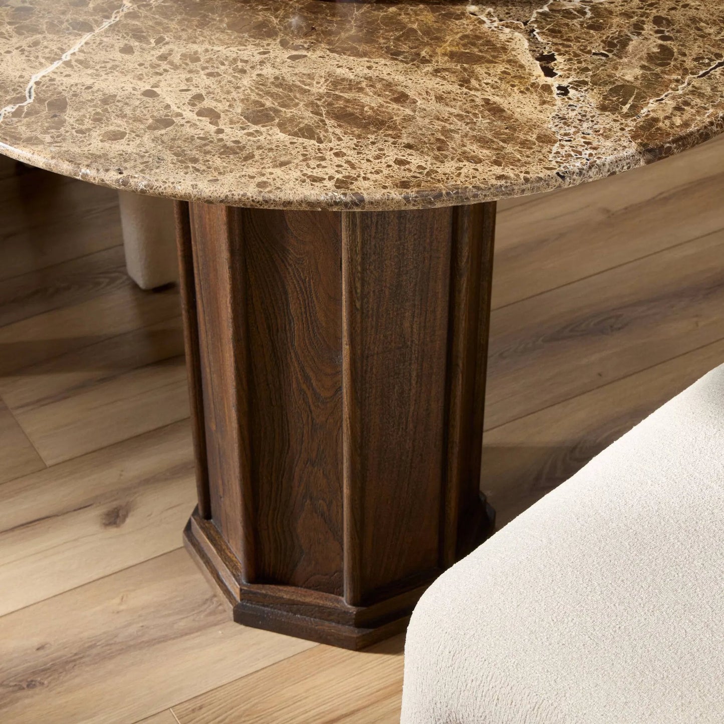 007 SI-2446630 | Closeup | Pavlo Bistro Table by Four Hands in brown marble, dark brown acacia. Made from solid marble, solid acacia in a modern style.