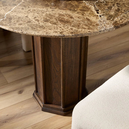 Pavlo Bistro Table by Four Hands in brown marble, dark brown acacia. Made from solid marble, solid acacia in a modern style.