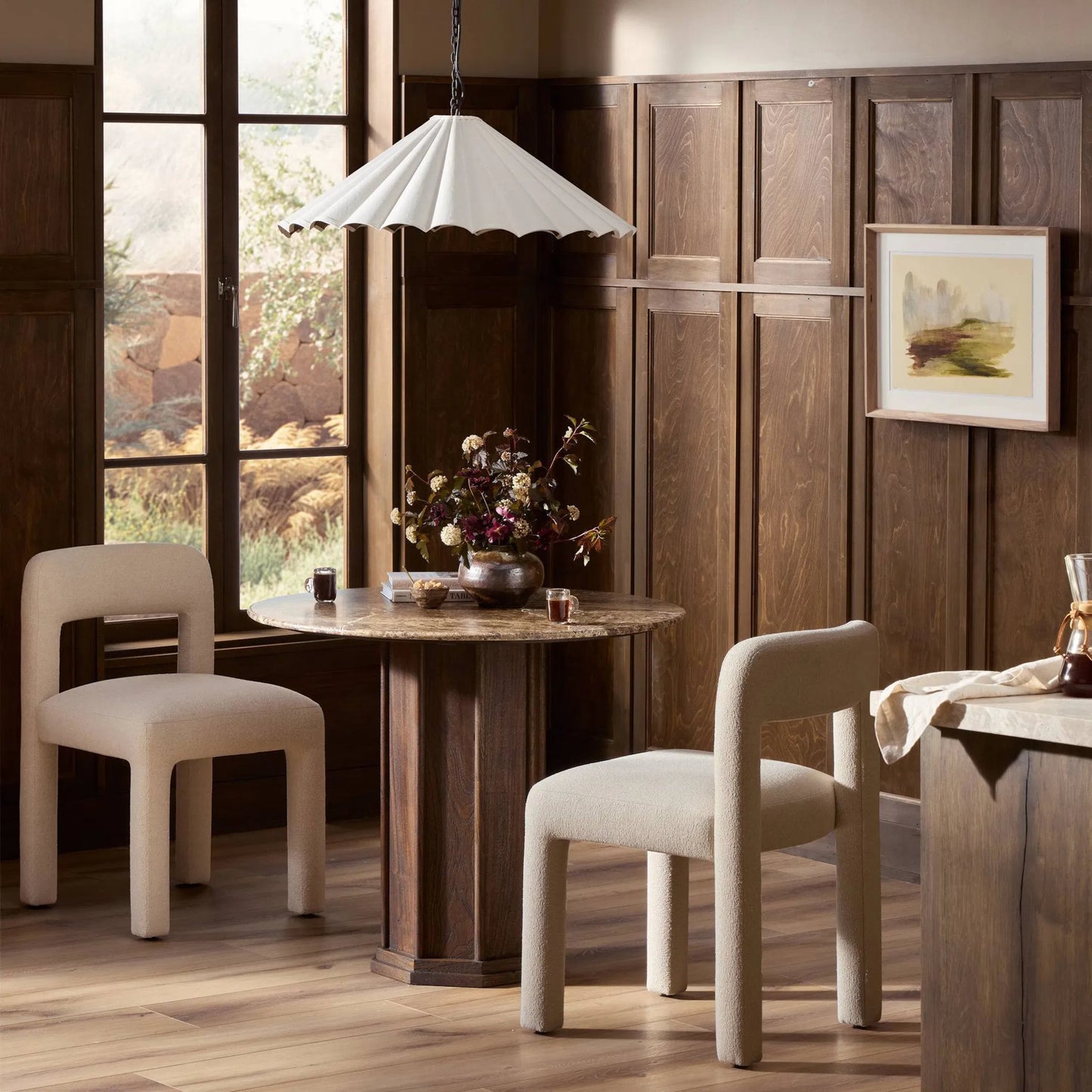 008 SI-2446630 | Lifestyle | Pavlo Bistro Table by Four Hands in brown marble, dark brown acacia. Made from solid marble, solid acacia in a modern style.