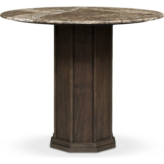 Pavlo Bistro Table by Four Hands in brown marble, dark brown acacia. Made from solid marble, solid acacia in a unique style.
